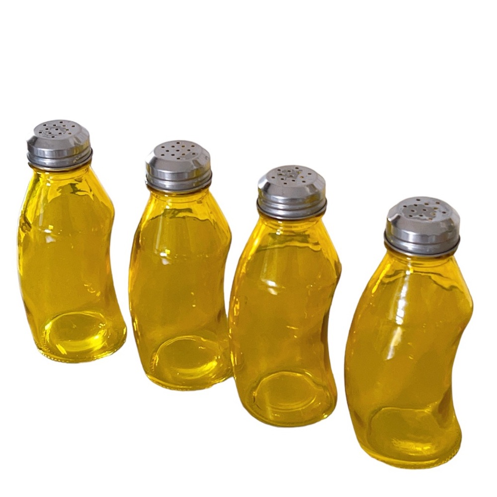 Vintage Amber Gold Glass Spice Jars Set of 4 - Wavy Curved Shaker